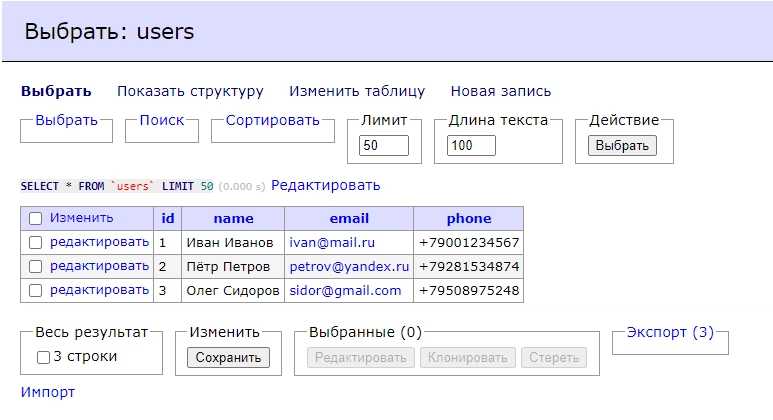 Заполненная таблица users